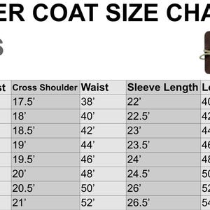 May include: A leather coat size chart in inches, with measurements for chest, cross shoulder, waist, sleeve length, and coat length. Sizes range from XS to 4XL. A brown tag with the brand name "HAROON PRODUCTS" is in the upper right corner.