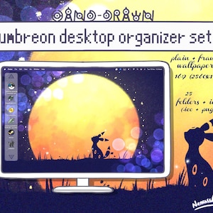 May include: Umbreon desktop organizer set featuring a computer monitor displaying a sunset scene with Umbreon silhouettes. Includes plain and framed wallpapers, 25 folders and icons. The screen resolution is 2560x1440.