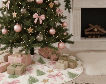 Könnte beinhalten: Ein geschmückter Weihnachtsbaum mit rosa Ornamenten, Schleifen und sternförmigen Dekorationen. Der Baum ist von verpackten Geschenken und einem Baumrock mit einem sich wiederholenden Muster aus Schleifen, Bäumen und Sternen umgeben. Der Text auf dem Bild lautet "Christmas TREE SKIRTS."
