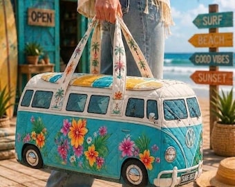 Summer Van Hippie VW Bus Duffle Bag, Retro Floral Quilted Duffel, Beach Weekender Bag, Coastal Travel, Gym Bag, Boho Beach Carryall