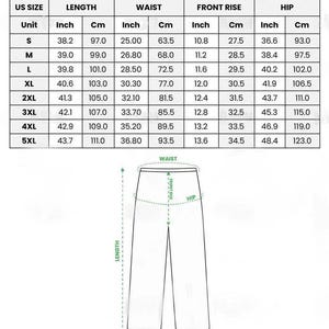 May include: A chart detailing pajama pants measurements in inches and centimeters. The chart includes sizes S to 5XL, with measurements for length, waist, front rise, and hip. The text at the bottom states, "Due to manual measurement, there will be an error of 1-3cm."