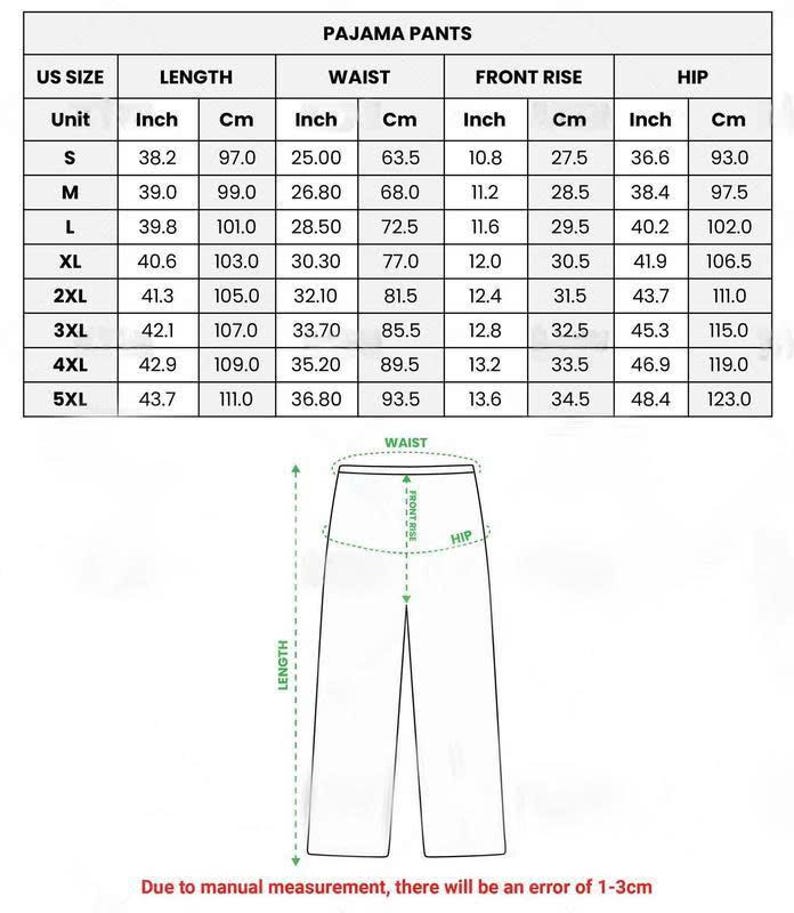 May include: A chart detailing pajama pants measurements in inches and centimeters. The chart includes sizes S to 5XL, with measurements for length, waist, front rise, and hip. The text at the bottom states, "Due to manual measurement, there will be an error of 1-3cm."