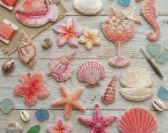 Pink Coastal Embroidered Patch Set, Seashell Starfish Seahorse Flower Iron-On Sew-On Applique for Jackets Bags Hats DIY Clothes