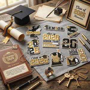 May include: A graduation-themed collection featuring a black mortarboard, diploma, and various patches and accessories. Includes a journal, pens, a ring, and keys, all with "2026" and "Senior" details. A framed picture reads "Class of 2026 Memories."