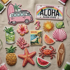 May include: A collection of embroidered patches with a tropical theme. Includes a pink VW bus, a Hawaii license plate with a rainbow, a seahorse, a sun, a cocktail, a pineapple, a starfish, a crab, a watermelon slice, and a surfboard.