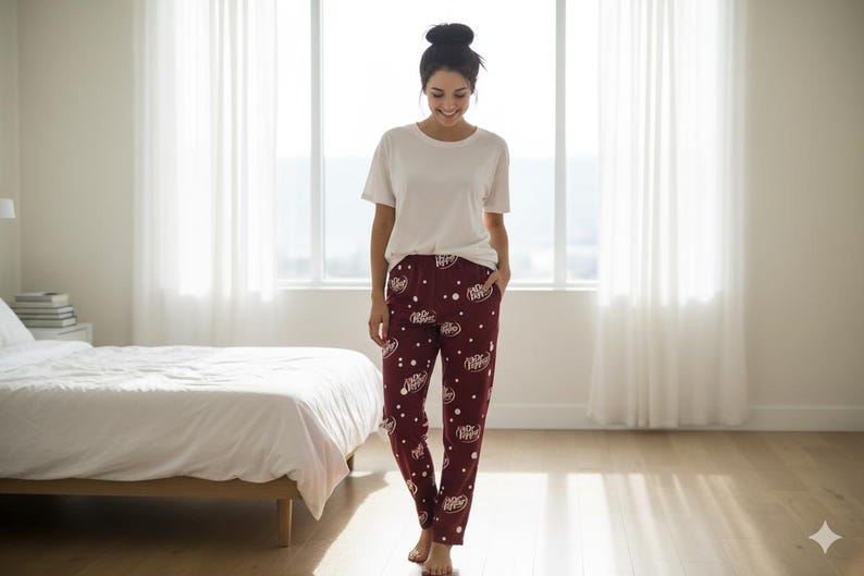 May include: Burgundy pajama pants with a white Dr. Pepper logo pattern are paired with a white t-shirt. The pants are loose-fitting and the t-shirt is short-sleeved. The person is standing in a well-lit room with a bed and window.
