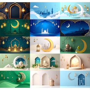 Può includere: Una collezione di opere d'arte digitale a tema islamico. Ogni immagine presenta moschee, lune crescenti e lanterne in vari schemi di colori, tra cui blu, verde e oro. Alcuni disegni incorporano nuvole e archi, creando un'atmosfera serena e festosa.
