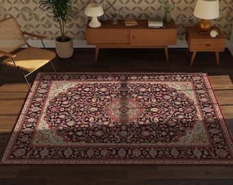 Vintage Perser Teppich, Navy Rot Blumen Medaillon, Boho Dekor