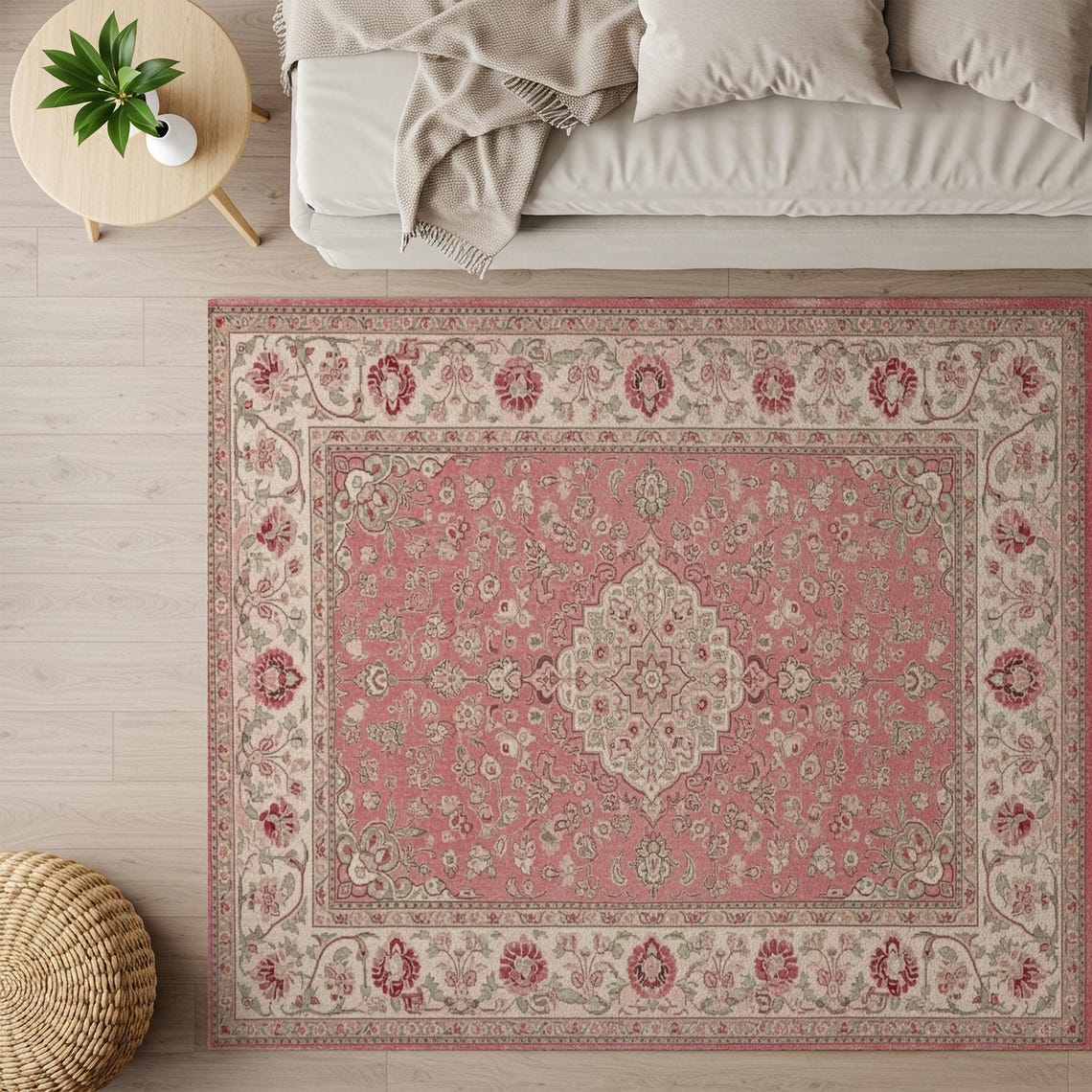 Pink Vintage Area Rug, Persian Style Carpet, Boho Bedroom Decor ...