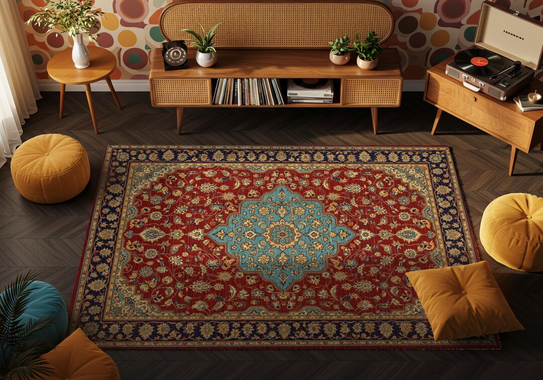 Vintage Red and Blue Persian Rug – Medallion Oriental Carpet - Etsy