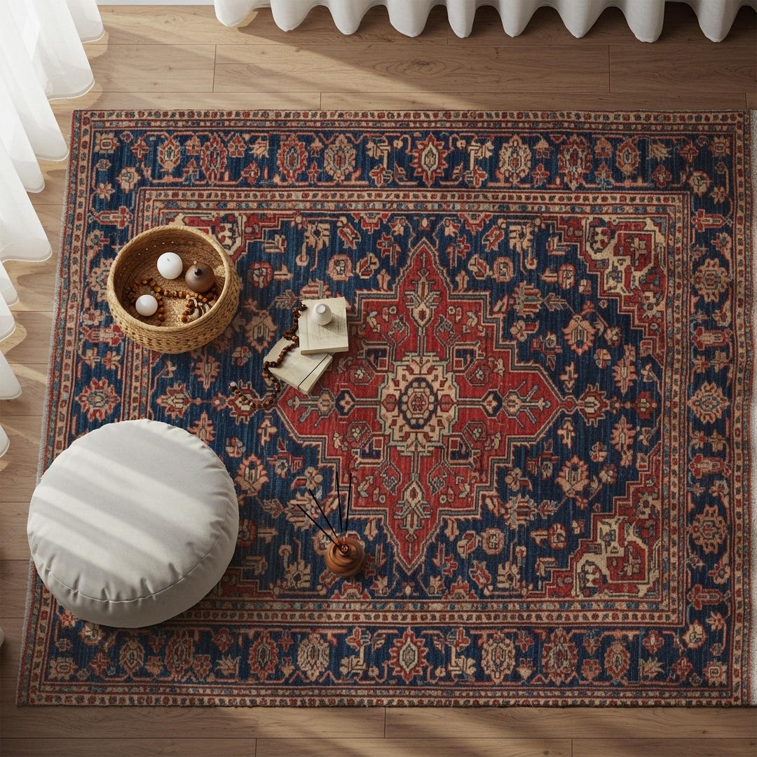 Navy Red Persian Rug – Vintage Medallion Carpet, Boho Classic Living ...