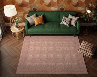 Blush Pink Vintage Area Rug – Soft Boho Carpet, Classic Medallion Living Room Decor, Elegant Oriental Floor Rug