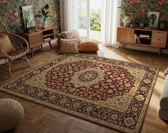 Roter Marine Persischer Stil Teppich, Vintage Floral Medaillon Design