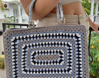Blue and Gray Crochet Tote Bag, Granny Square Shoulder Purse