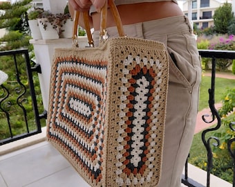 Handmade Vertical Granny Square Tote, Vintage Style Crochet Bag