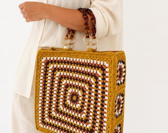 Handmade Granny Square Crochet Tote, Chic Boho Shoulder Bag with Acrylic Handles
