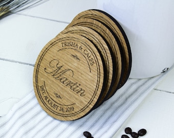 Custom Coasters Wooden Coasters Personalized Wood Coasters Coaster Set Bridal Shower Wine Barrel Farm House Decor Bourbon Barrel