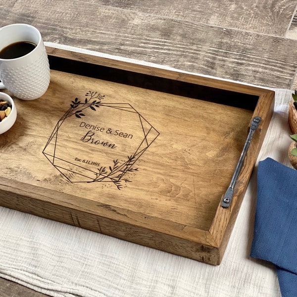 Personalized wedding gift for couple, Serving tray with handles, First anniversary gift, Personalized wood tray