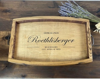 Wine barrel tray, Personalized anniversary gift for parents, Wood serving tray with handles, Personalized valet tray