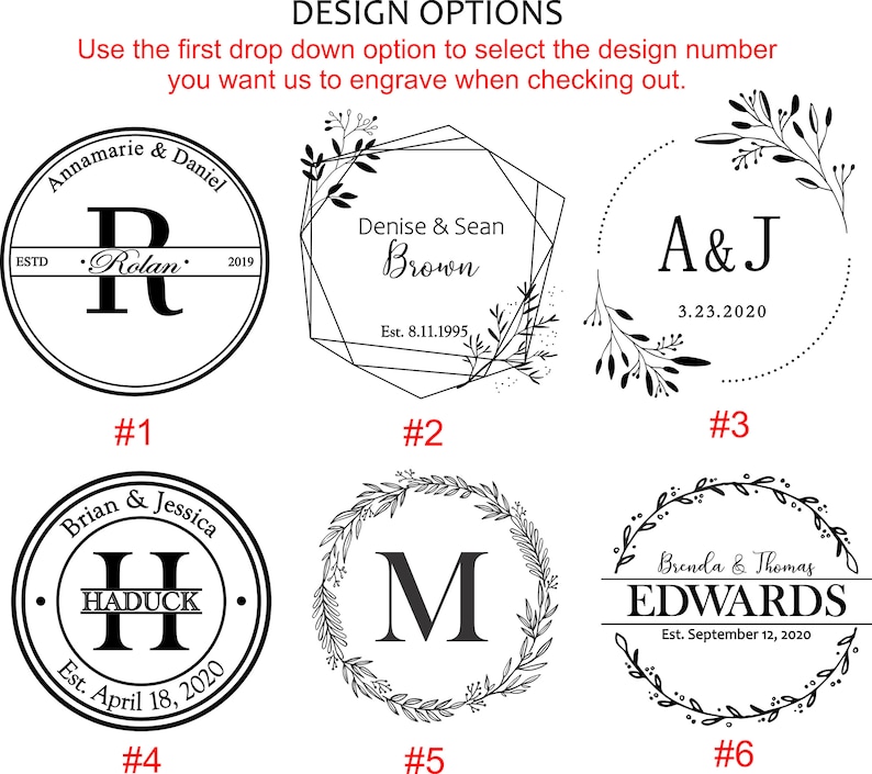 Puede incluir: Seis opciones de dise&ntilde;o para un letrero de madera grabado personalizado. Cada dise&ntilde;o presenta una combinaci&oacute;n diferente de elementos florales, iniciales, nombres y fechas. Los dise&ntilde;os est&aacute;n numerados del 1 al 6.