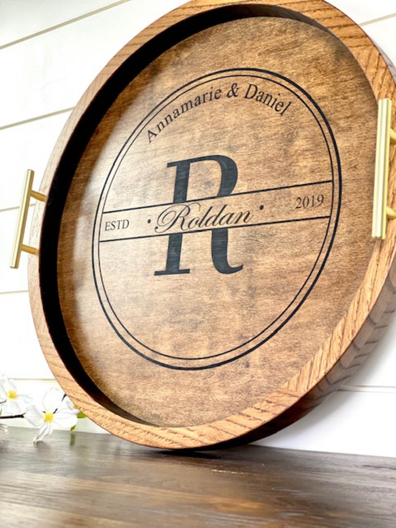 Round wood tray Large ottoman tray Personalized tray with Etsy