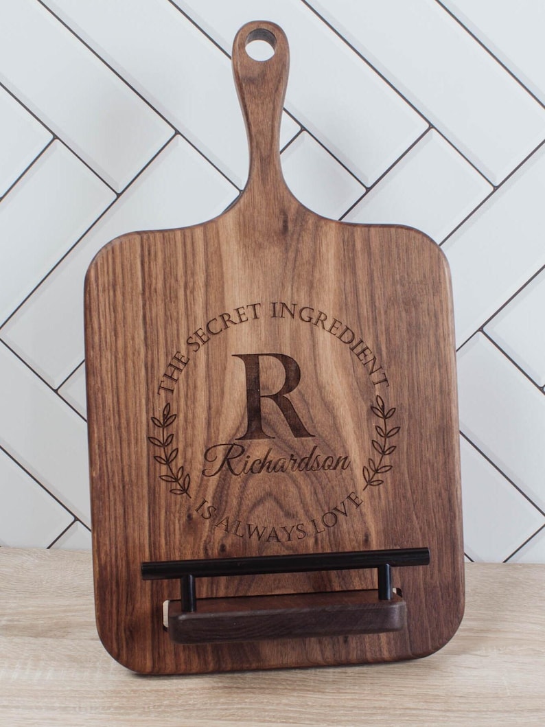 Personalized Cookbook Stand, Black Walnut Wood Cutting Board, Wedding Keepsake Gift, Unique Wedding Gift, Kitchen Counter Decor image 5