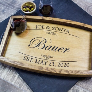 Personalized Wine Barrel Serving Tray Personalized Wedding Gift Ottoman Tray Wine Gift Bridal Shower Gift Wood Tray Charcuterie Board