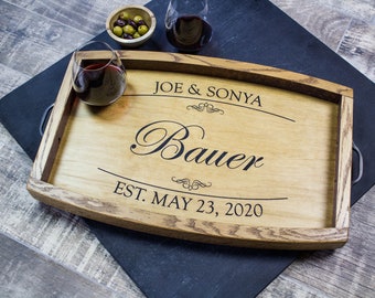Personalized Wine Barrel Serving Tray Personalized Wedding Gift Ottoman Tray Wine Gift Bridal Shower Gift Wood Tray Charcuterie Board