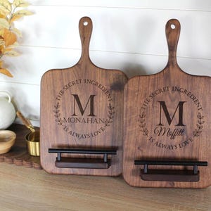 Personalized Cookbook Stand, Black Walnut Wood Cutting Board,  Wedding Keepsake Gift, Unique Wedding Gift, Kitchen Counter Decor