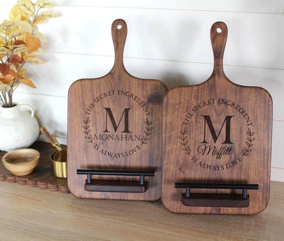 Personalized Cookbook Stand, Black Walnut Wood Cutting Board,  Wedding Keepsake Gift, Unique Wedding Gift, Kitchen Counter Decor
