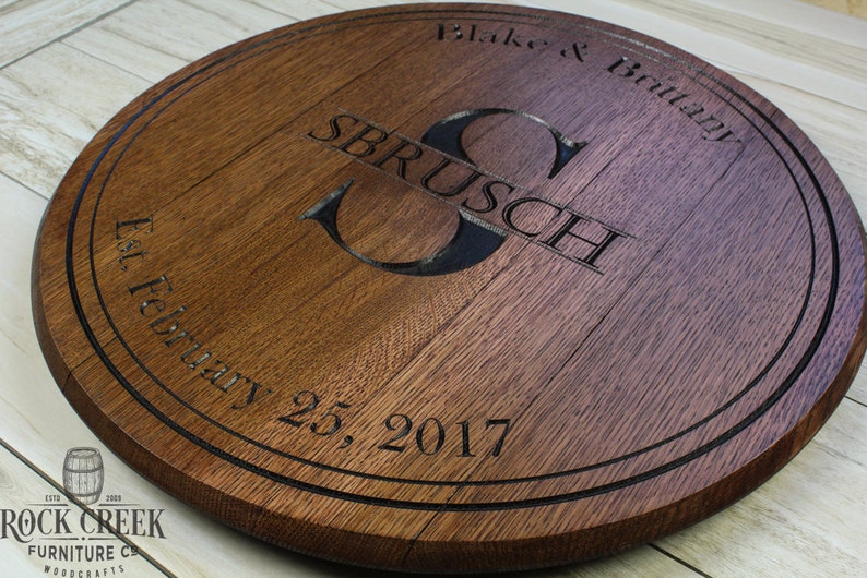 Bourbon barrel head, personalized gift, engraved barrel, wedding gift, anniversary gift,wine barrel, whiskey barrel, barrel top, lazy susan image 4