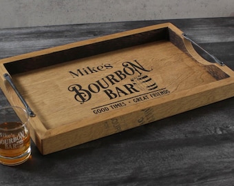Personalized Bourbon Barrel Serving Tray: Engraved Rustic Wood Bar Decor