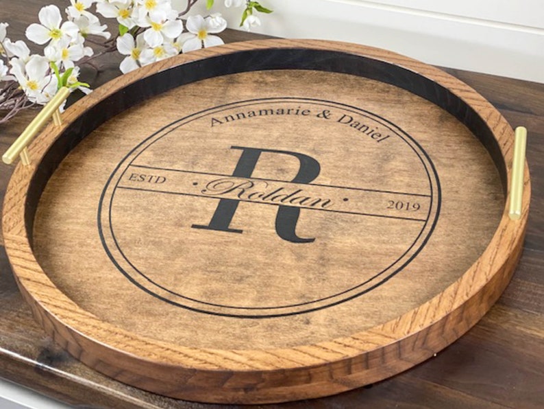 Round wood tray, Large ottoman tray, Personalized tray with handles, Coffee table tray, New home gift image 10