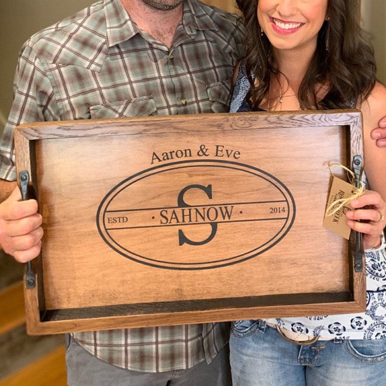 Personalized bourbon barrel head serving tray, wine barrel tray, personalized wedding gift, personalized wood tray, monogrammed tray image 7