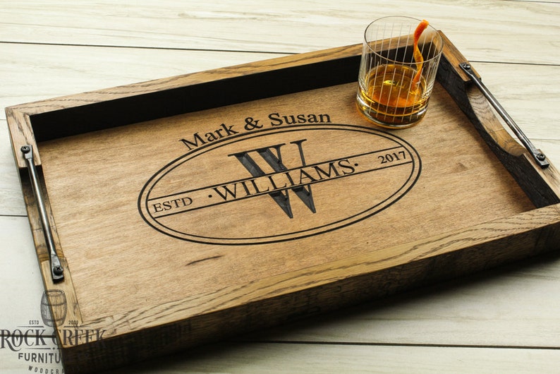 Personalized bourbon barrel head serving tray, wine barrel tray, personalized wedding gift, personalized wood tray, monogrammed tray image 6