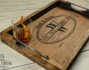 Wedding gift personalized serving tray with handles Charcuterie board ottoman tray whiskey barrel tray gift for men wood tray oak tray