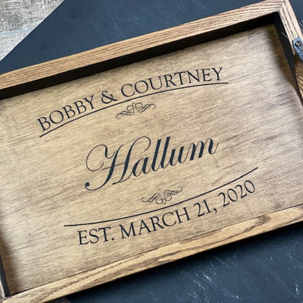 Personalized bourbon barrel head serving tray with handles, Wedding gift for couple,  Wooden tray