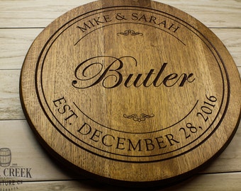 Personalized engraved Wine Barrel Lazy Susan, custom engraved, barrel head, Wedding gift, Anniversary gift, bourbon barrel, Bridal shower