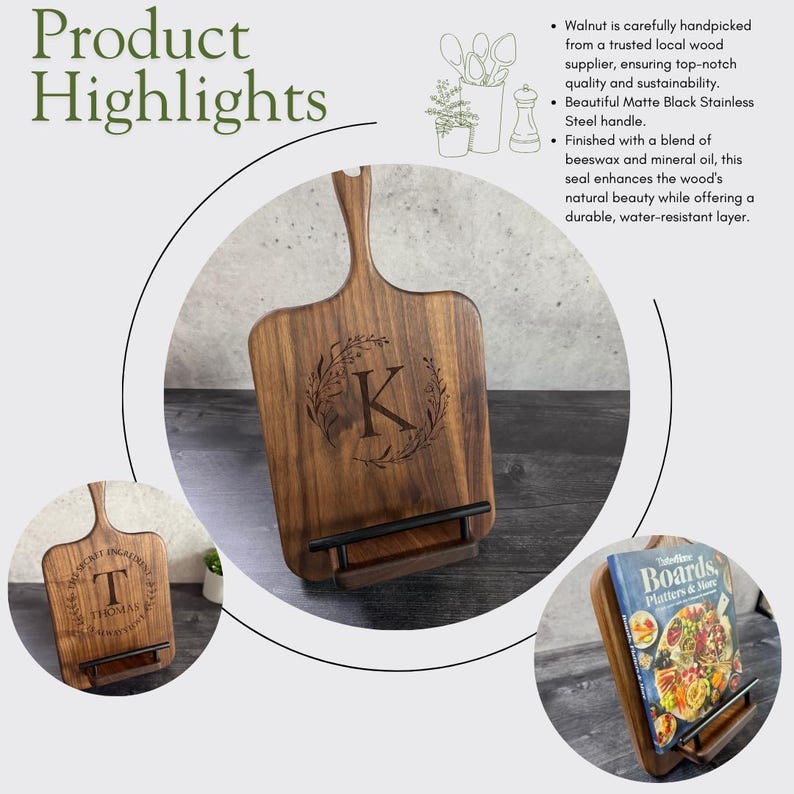 Personalized Cookbook Stand, Black Walnut Wood Cutting Board, Wedding Keepsake Gift, Unique Wedding Gift, Kitchen Counter Decor image 3