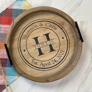 Round wood tray, Large ottoman tray, Personalized tray with handles, Coffee table tray, New home gift