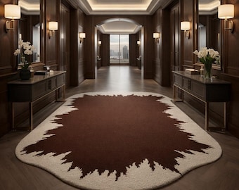 Abstract Brown Ivory Hand Tufted Wool Rug Modern Organic Shaped Large Area Carpet Custom Size 8x10 9x12 10x14 Living Room Luxury Plush Decor