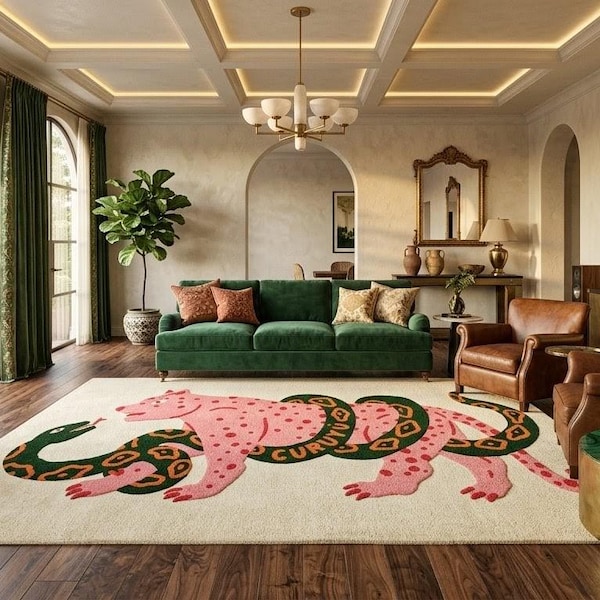 Pink Panther Jaguar Snake Rug Hand Tufted Wool Area Rug Modern Maximalist Eclectic Art Deco Living Room Decor 5x8 6x9 8x10 9x12 Custom Size