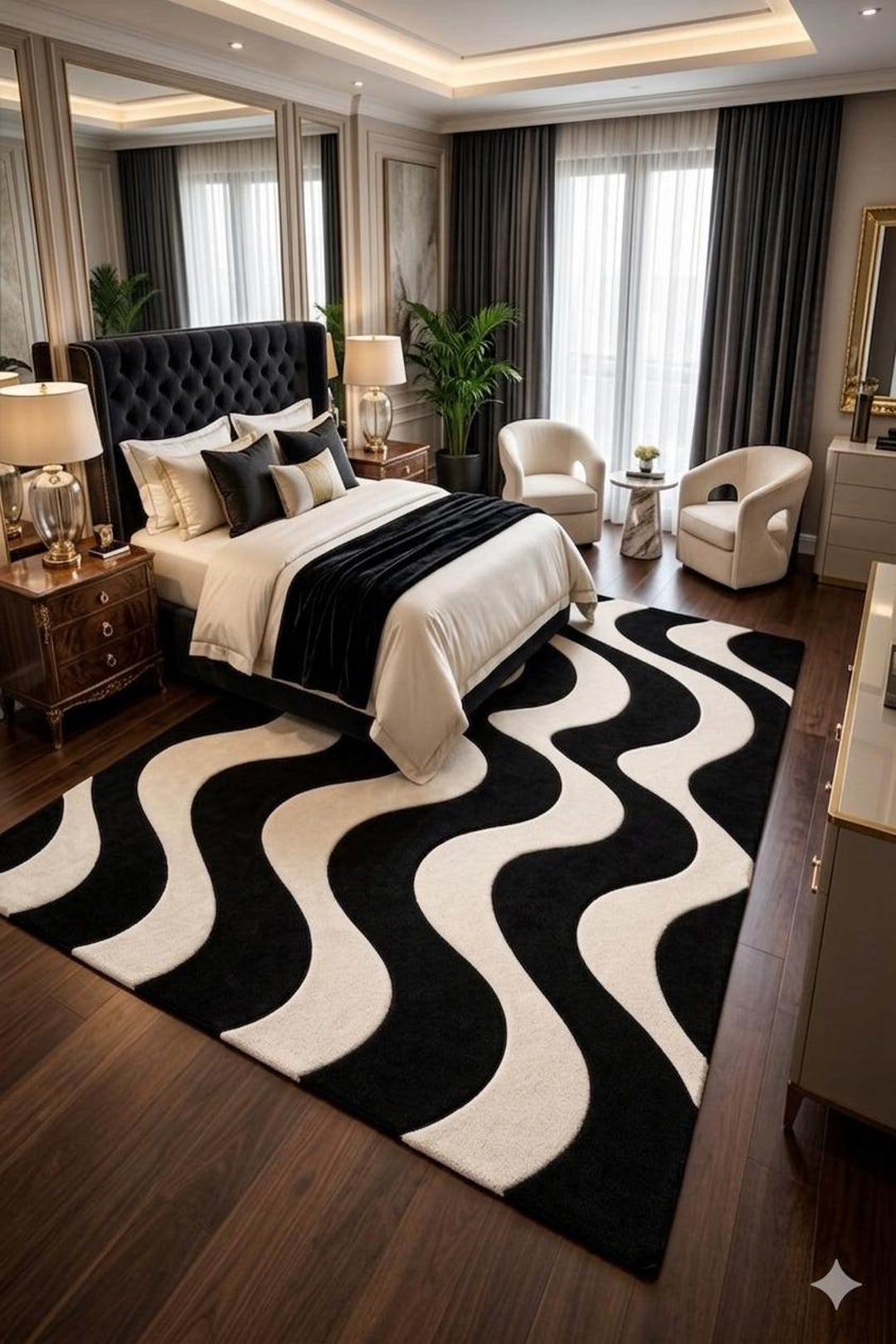 Black and White Wave Rug Modern Hand Tufted Wool Area Rug Large ...