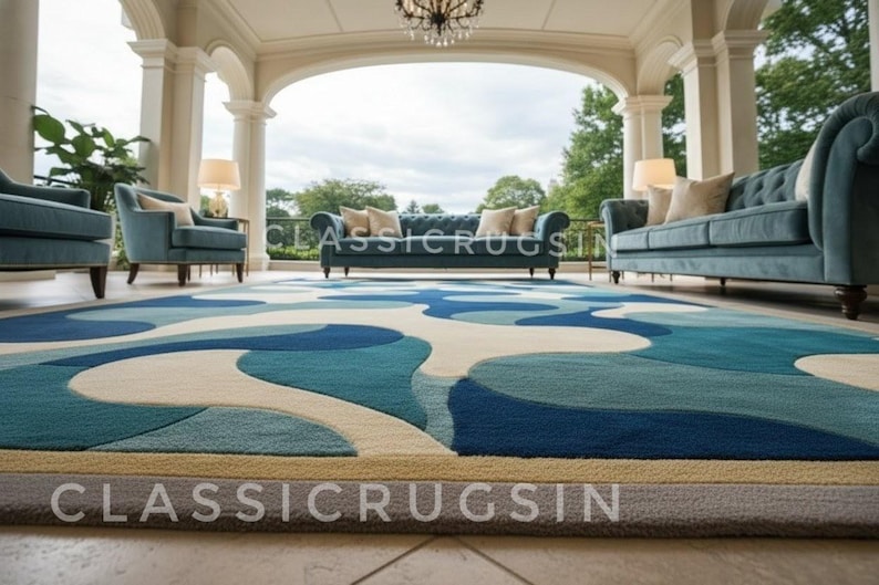 Blue Abstract Hand Tufted Wool Area Rug Mid Century Modern Luxury Large ...