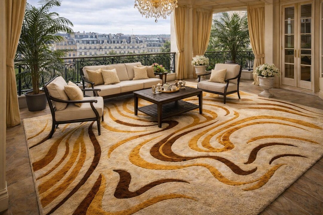Large Abstract Rug Hand Tufted Gold Brown Waves New Zealand Wool Modern ...