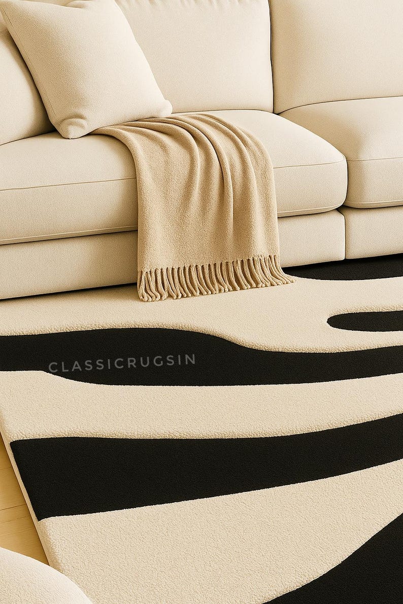 Hand Tufted Abstract Rug, Black and White Wool Area Rug, Modern Living ...