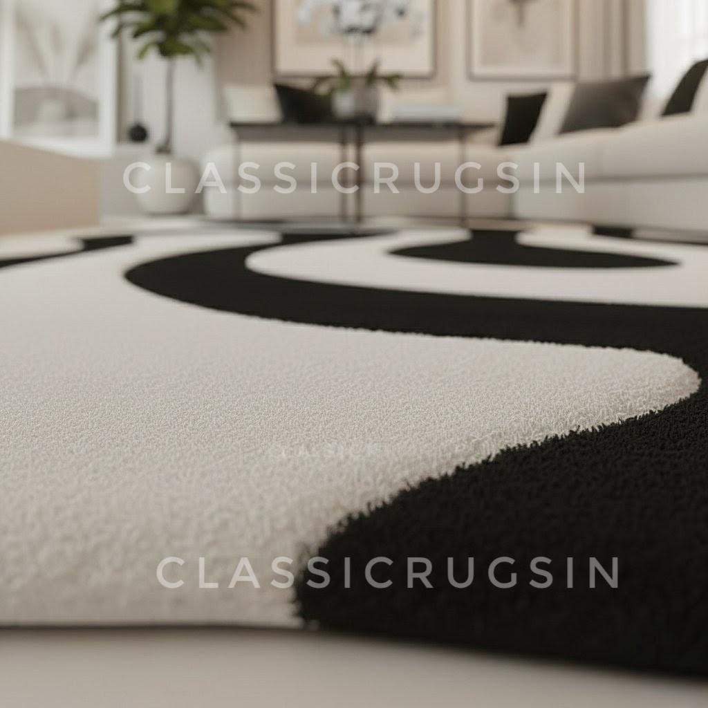 Hand Tufted Wool Rug Black and White Wavy Area Rug Irregular Shape ...