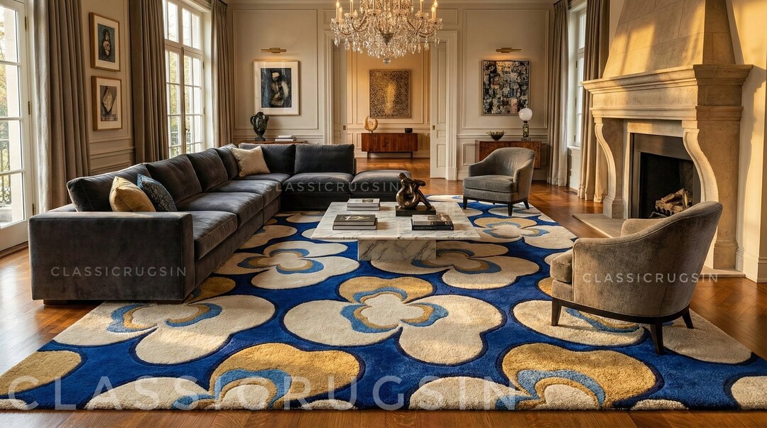 Large Wool Area Rug Blue Beige Floral Hand Tufted Rug Living Room ...