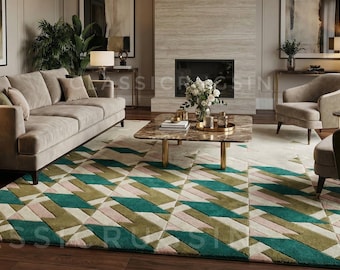 Modern Geometric Rug Hand Tufted Wool Sage Green Mid Century Area Rug Luxury Handmade Living Room Decor Custom Size 8x10 9x12 10x14 12x15 ft