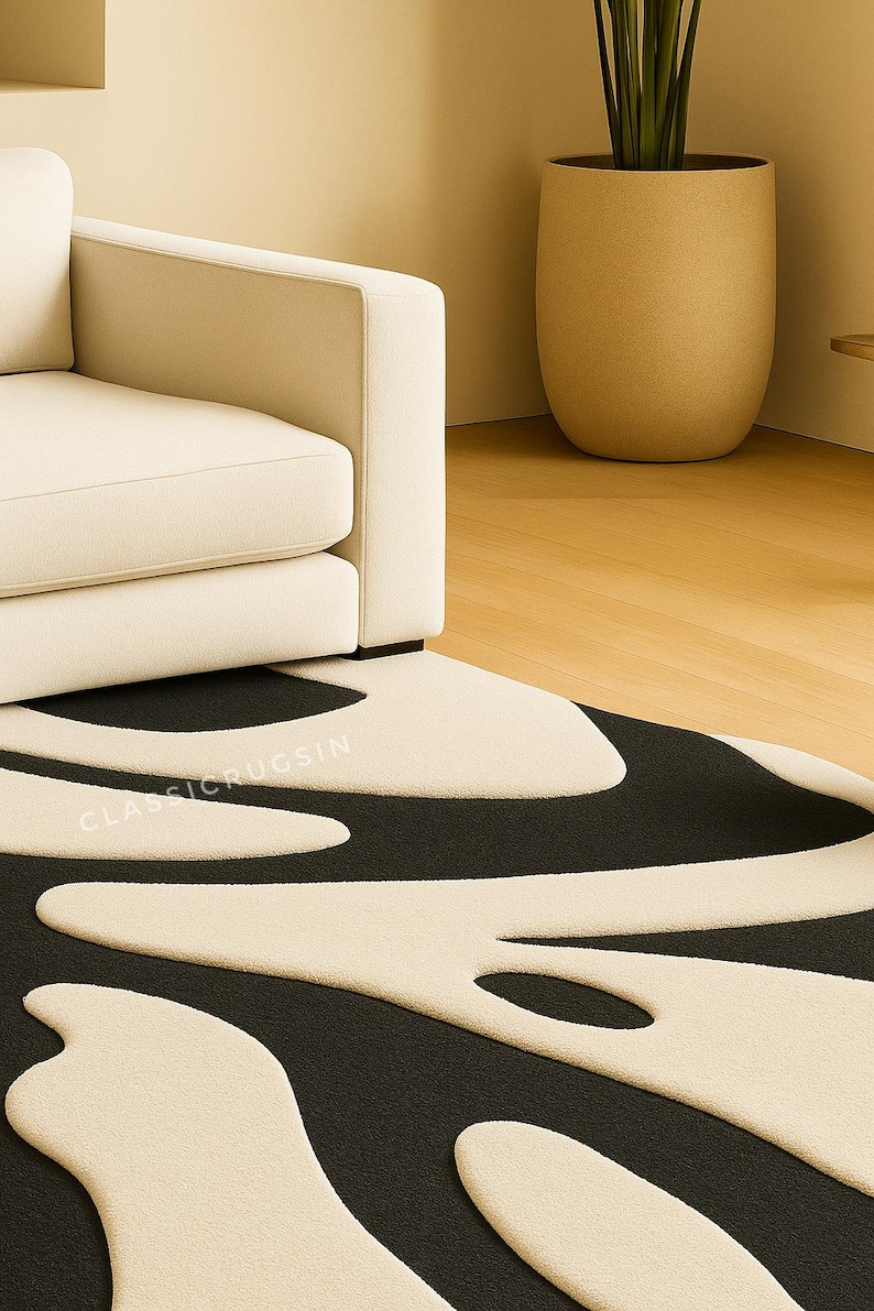 Hand Tufted Abstract Rug, Black and White Wool Area Rug, Modern Living ...